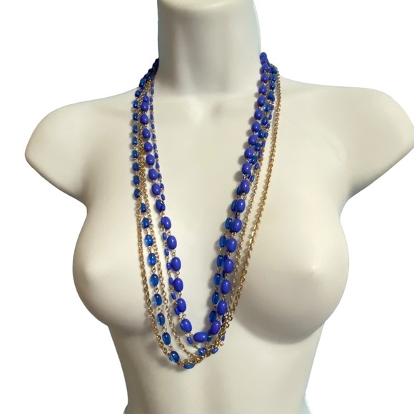 Cobalt Blue Acrylic Beads & Gold Chain Long Necklace - Picture 4 of 9